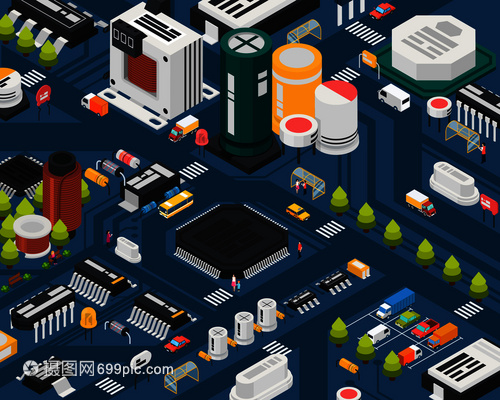 彩色半导体电子元器件等距城市与同元素结合城市矢量图中